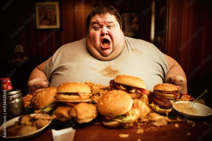 Exaggerated presentation of a greedy fat man eating fast food or junk meal in a fast food ... Fat vs water soluble
